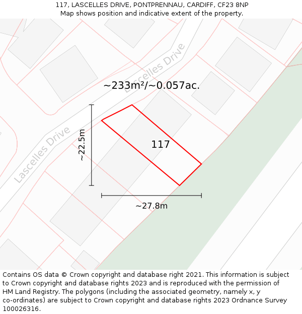 117, LASCELLES DRIVE, PONTPRENNAU, CARDIFF, CF23 8NP: Plot and title map