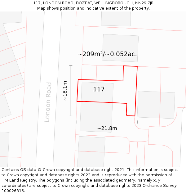 117, LONDON ROAD, BOZEAT, WELLINGBOROUGH, NN29 7JR: Plot and title map