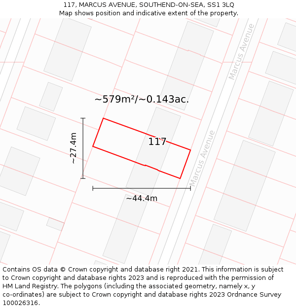 117, MARCUS AVENUE, SOUTHEND-ON-SEA, SS1 3LQ: Plot and title map