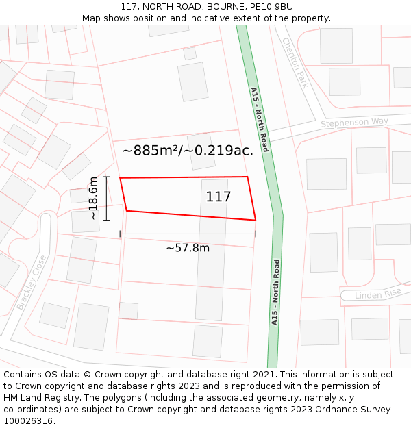 117, NORTH ROAD, BOURNE, PE10 9BU: Plot and title map