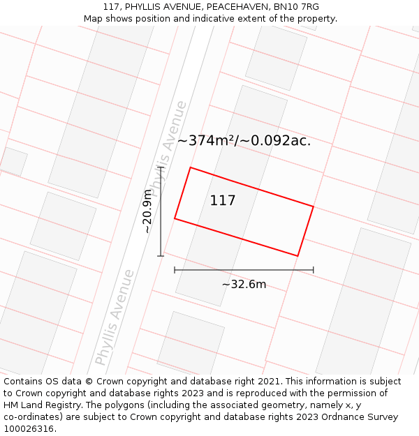 117, PHYLLIS AVENUE, PEACEHAVEN, BN10 7RG: Plot and title map