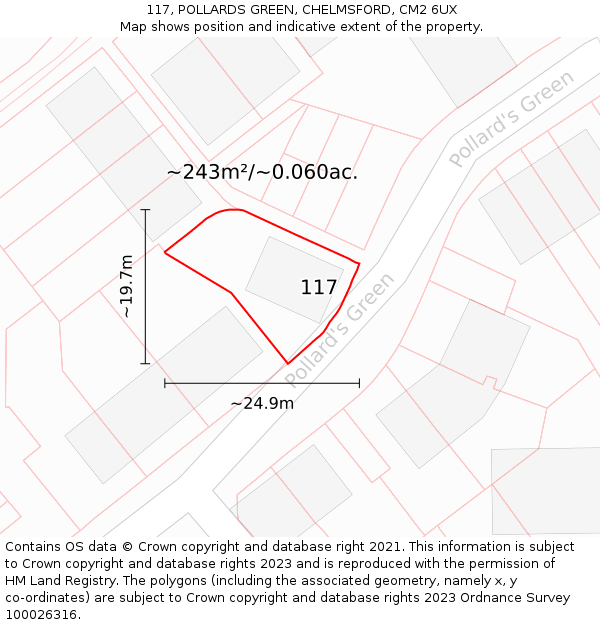 117, POLLARDS GREEN, CHELMSFORD, CM2 6UX: Plot and title map