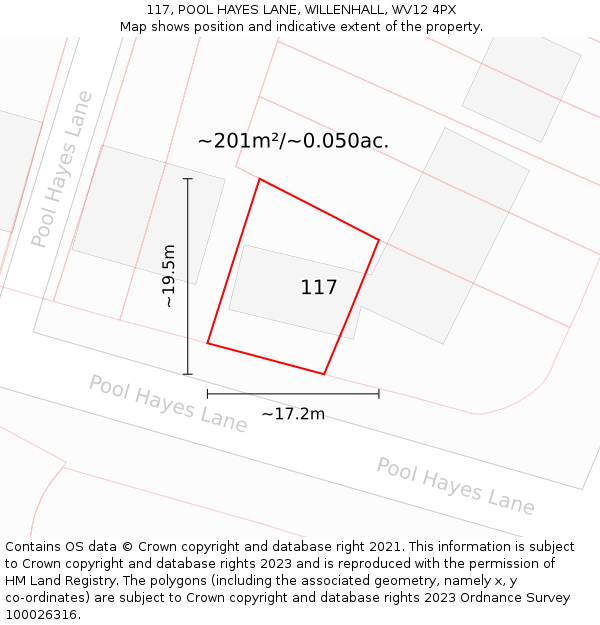 117, POOL HAYES LANE, WILLENHALL, WV12 4PX: Plot and title map