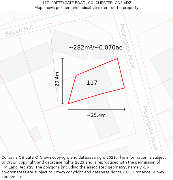 117, PRETTYGATE ROAD, COLCHESTER, CO3 4DZ: Plot and title map