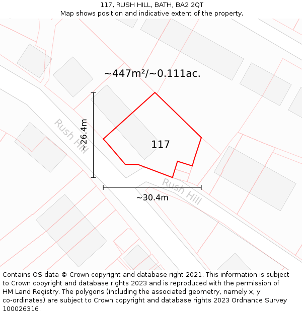 117, RUSH HILL, BATH, BA2 2QT: Plot and title map