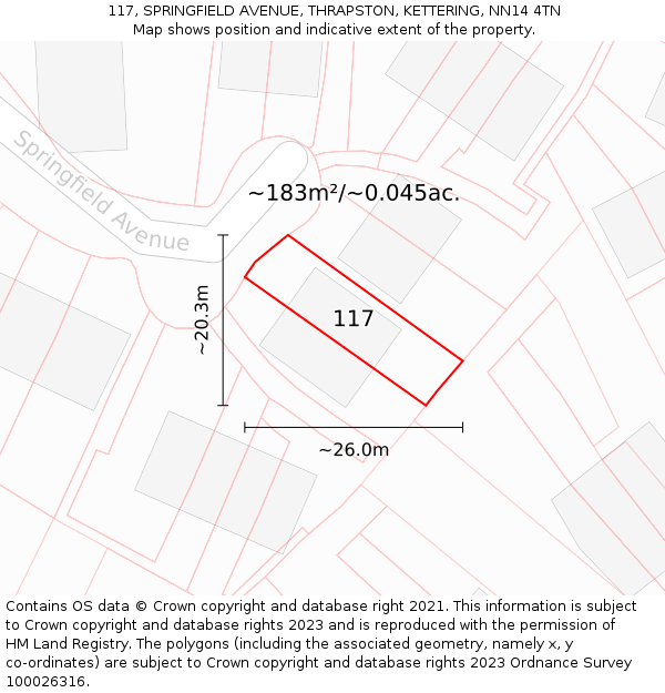 117, SPRINGFIELD AVENUE, THRAPSTON, KETTERING, NN14 4TN: Plot and title map