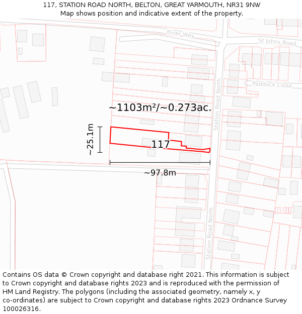 117, STATION ROAD NORTH, BELTON, GREAT YARMOUTH, NR31 9NW: Plot and title map