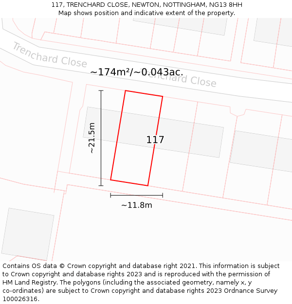 117, TRENCHARD CLOSE, NEWTON, NOTTINGHAM, NG13 8HH: Plot and title map