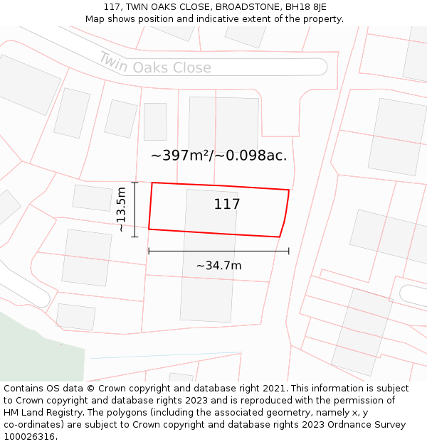 117, TWIN OAKS CLOSE, BROADSTONE, BH18 8JE: Plot and title map