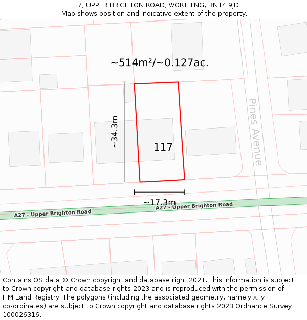 117, UPPER BRIGHTON ROAD, WORTHING, BN14 9JD: Plot and title map