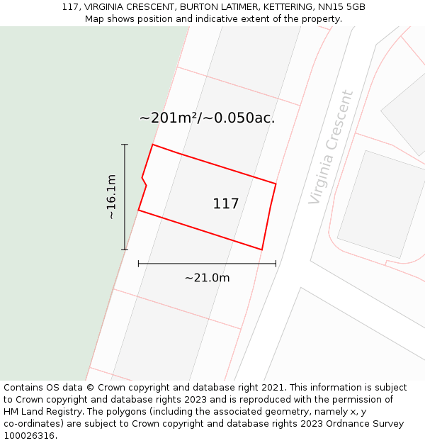 117, VIRGINIA CRESCENT, BURTON LATIMER, KETTERING, NN15 5GB: Plot and title map