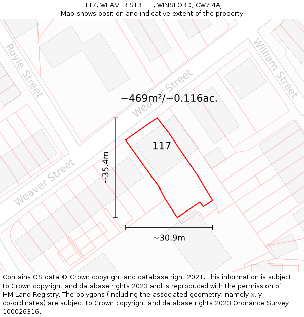 117, WEAVER STREET, WINSFORD, CW7 4AJ: Plot and title map