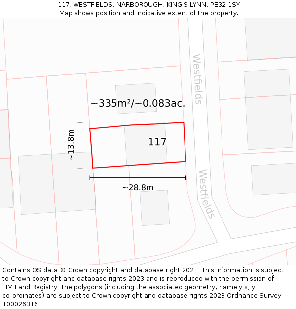 117, WESTFIELDS, NARBOROUGH, KING'S LYNN, PE32 1SY: Plot and title map