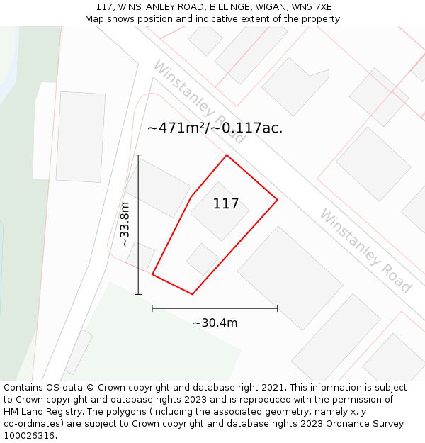 117, WINSTANLEY ROAD, BILLINGE, WIGAN, WN5 7XE: Plot and title map