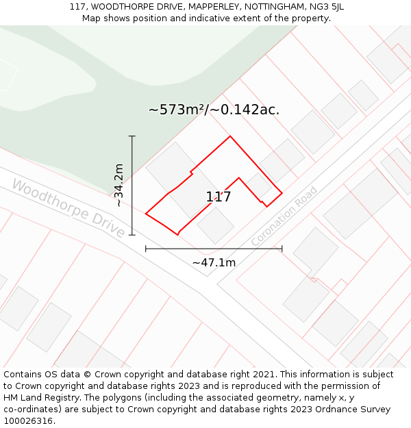 117, WOODTHORPE DRIVE, MAPPERLEY, NOTTINGHAM, NG3 5JL: Plot and title map