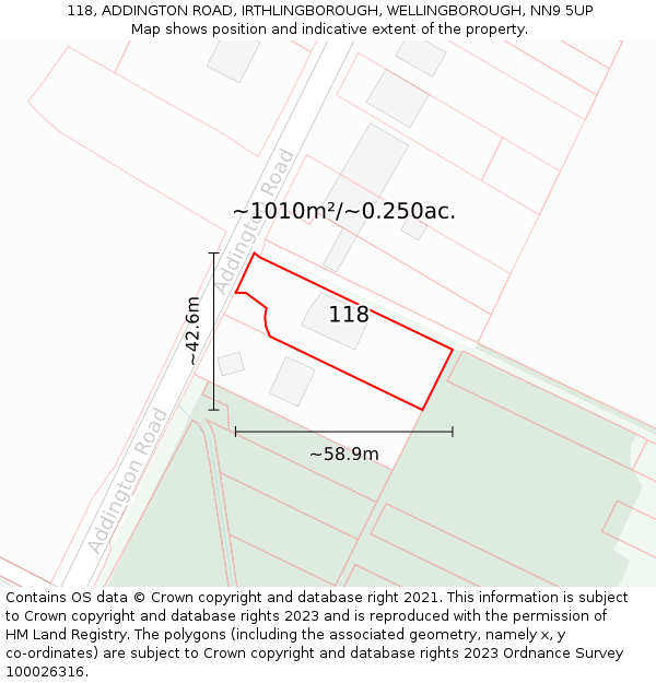 118, ADDINGTON ROAD, IRTHLINGBOROUGH, WELLINGBOROUGH, NN9 5UP: Plot and title map