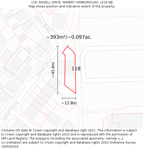 118, ANGELL DRIVE, MARKET HARBOROUGH, LE16 9JE: Plot and title map