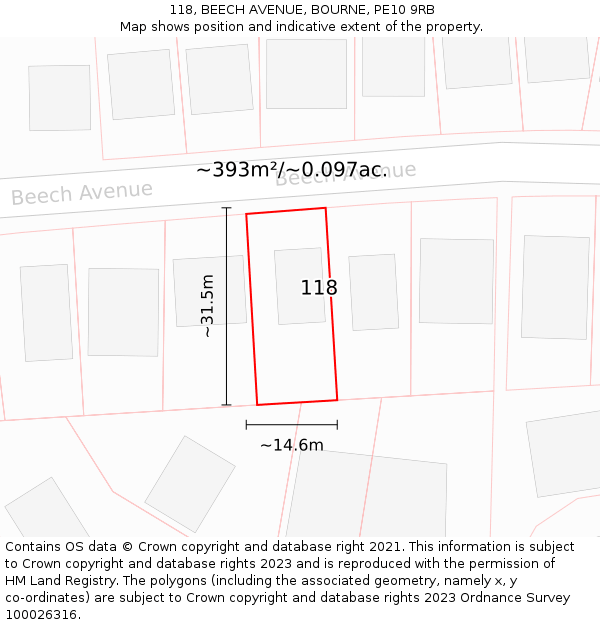 118, BEECH AVENUE, BOURNE, PE10 9RB: Plot and title map