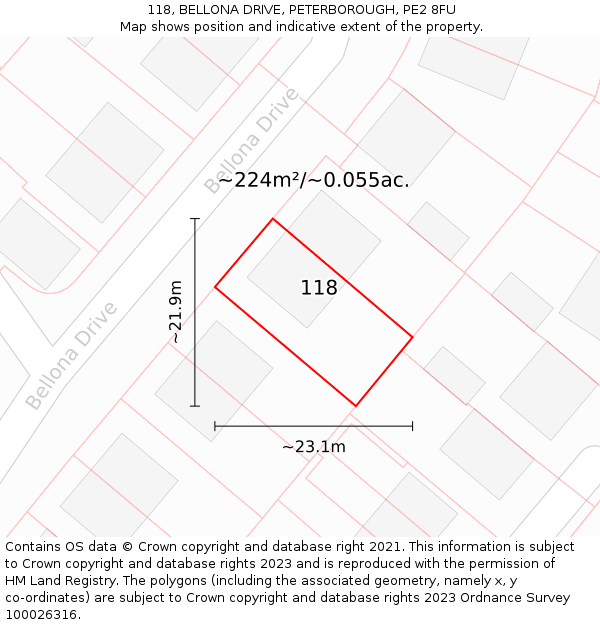 118, BELLONA DRIVE, PETERBOROUGH, PE2 8FU: Plot and title map