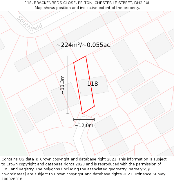 118, BRACKENBEDS CLOSE, PELTON, CHESTER LE STREET, DH2 1XL: Plot and title map