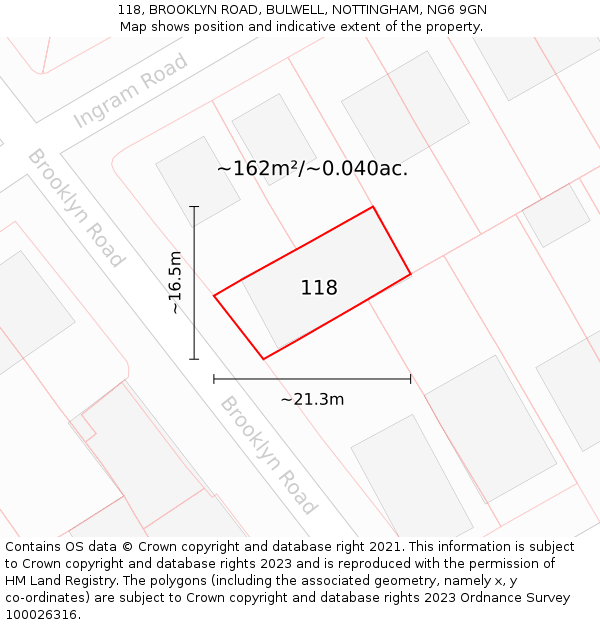 118, BROOKLYN ROAD, BULWELL, NOTTINGHAM, NG6 9GN: Plot and title map