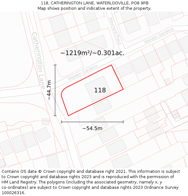 118, CATHERINGTON LANE, WATERLOOVILLE, PO8 9PB: Plot and title map