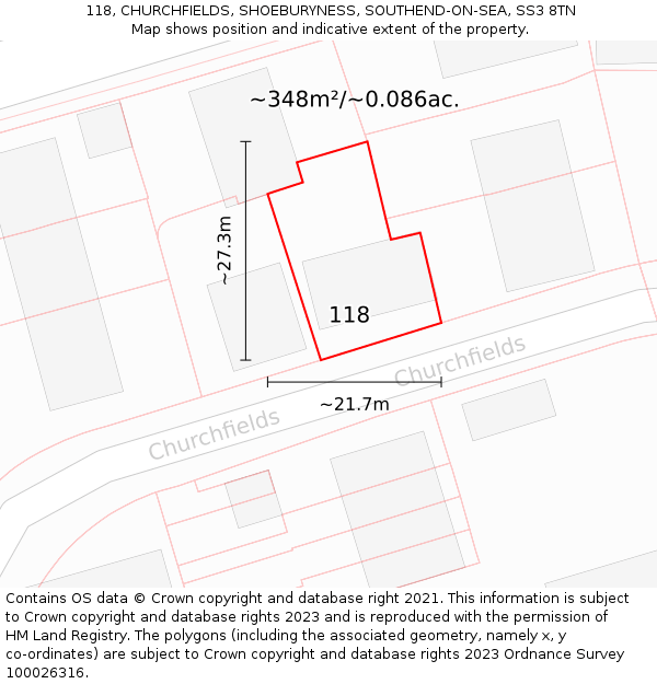 118, CHURCHFIELDS, SHOEBURYNESS, SOUTHEND-ON-SEA, SS3 8TN: Plot and title map