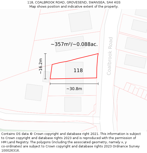 118, COALBROOK ROAD, GROVESEND, SWANSEA, SA4 4GS: Plot and title map