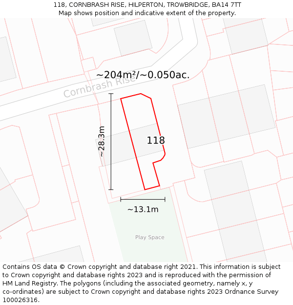 118, CORNBRASH RISE, HILPERTON, TROWBRIDGE, BA14 7TT: Plot and title map