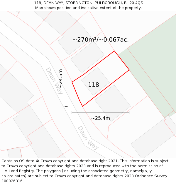 118, DEAN WAY, STORRINGTON, PULBOROUGH, RH20 4QS: Plot and title map