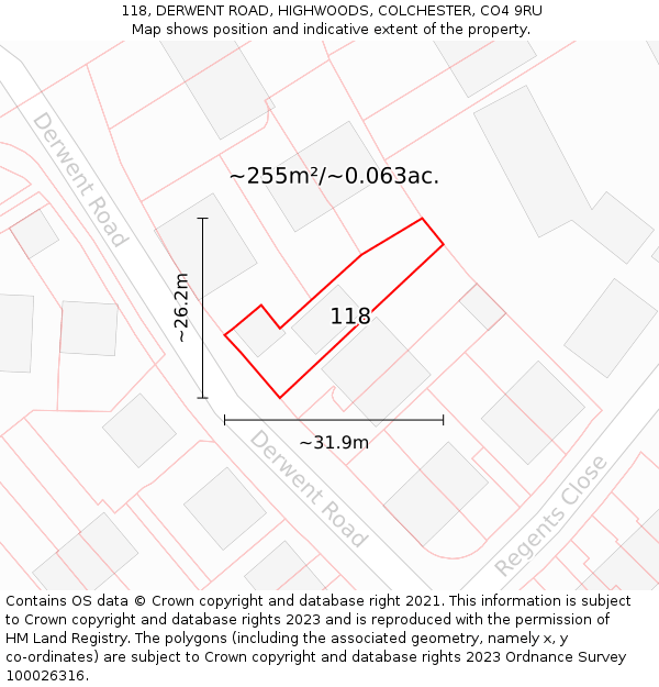 118, DERWENT ROAD, HIGHWOODS, COLCHESTER, CO4 9RU: Plot and title map