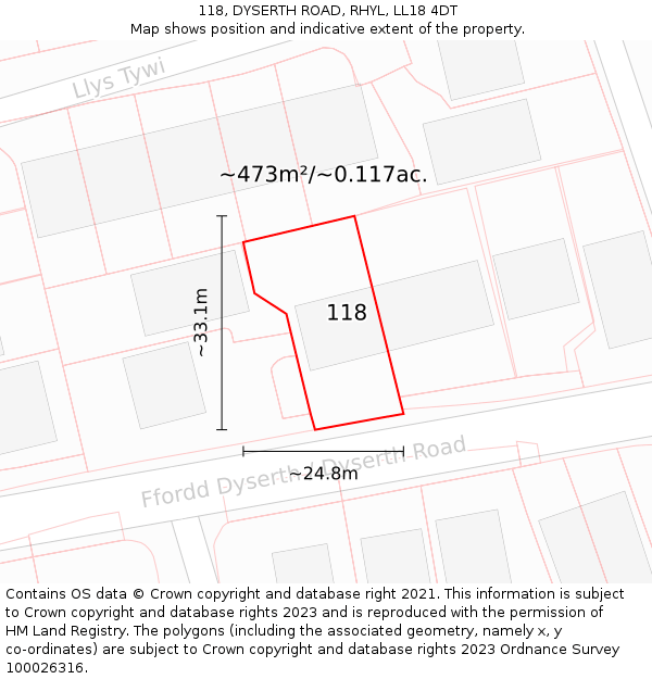 118, DYSERTH ROAD, RHYL, LL18 4DT: Plot and title map