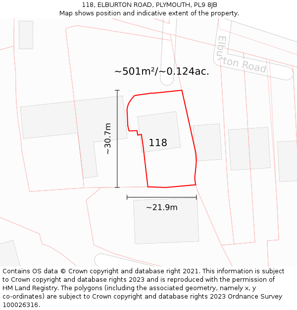 118, ELBURTON ROAD, PLYMOUTH, PL9 8JB: Plot and title map