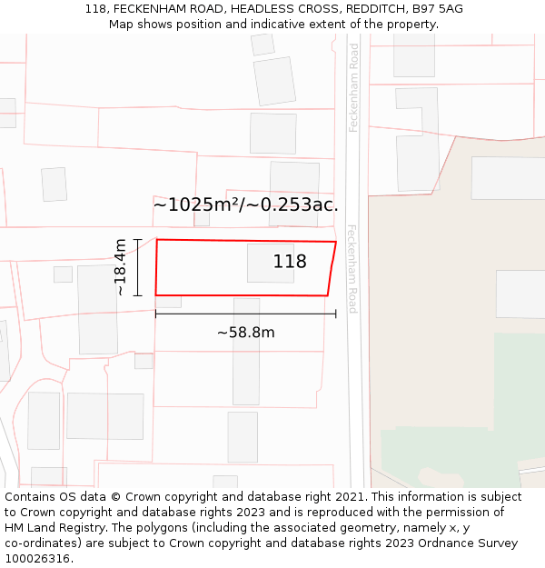 118, FECKENHAM ROAD, HEADLESS CROSS, REDDITCH, B97 5AG: Plot and title map