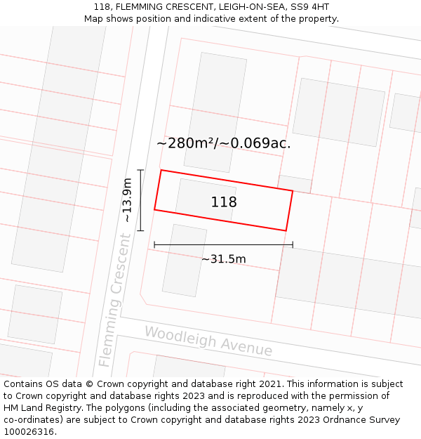 118, FLEMMING CRESCENT, LEIGH-ON-SEA, SS9 4HT: Plot and title map