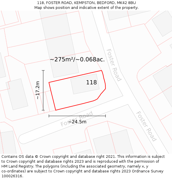 118, FOSTER ROAD, KEMPSTON, BEDFORD, MK42 8BU: Plot and title map