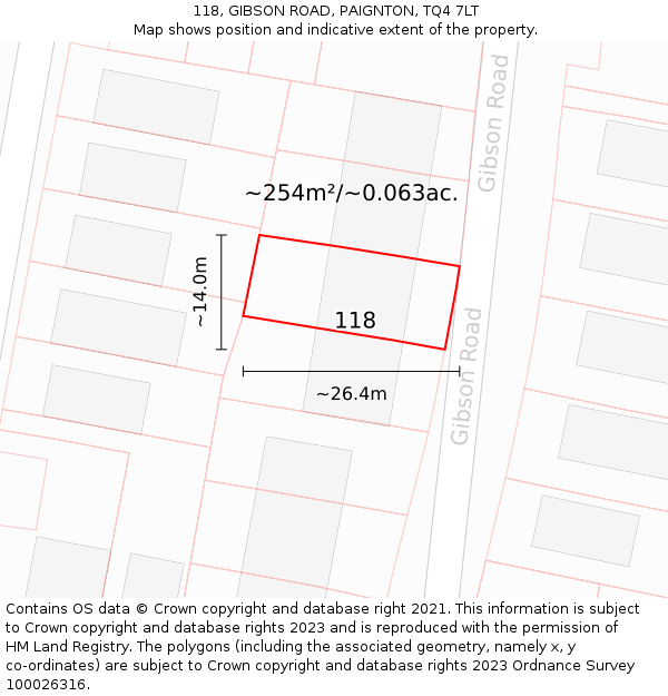 118, GIBSON ROAD, PAIGNTON, TQ4 7LT: Plot and title map