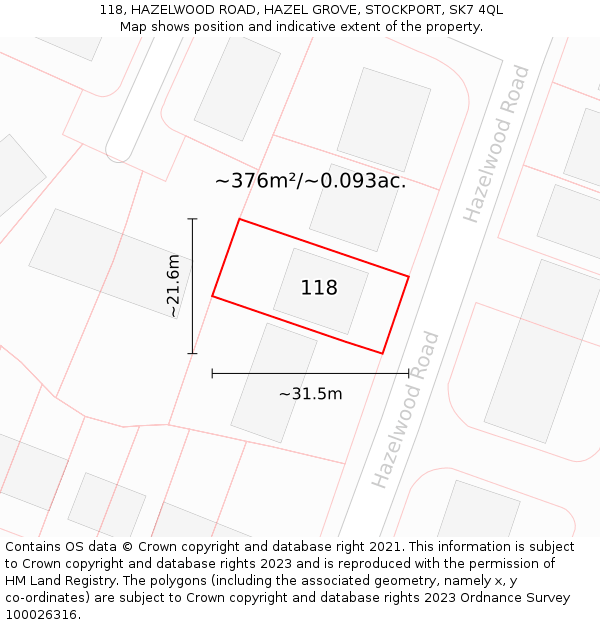 118, HAZELWOOD ROAD, HAZEL GROVE, STOCKPORT, SK7 4QL: Plot and title map
