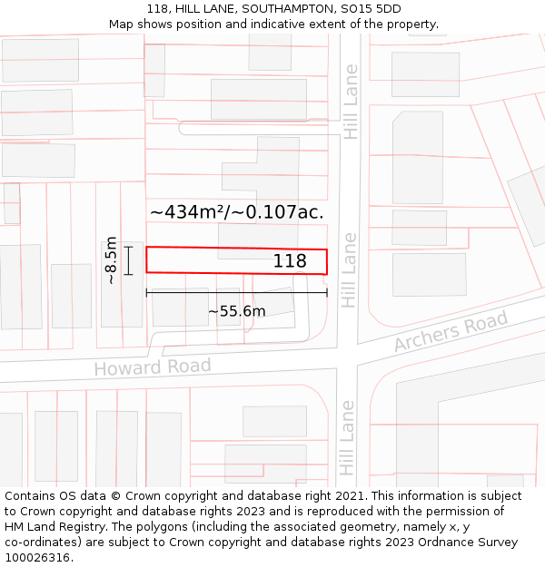 118, HILL LANE, SOUTHAMPTON, SO15 5DD: Plot and title map