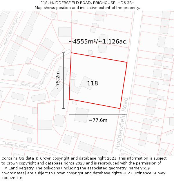 118, HUDDERSFIELD ROAD, BRIGHOUSE, HD6 3RH: Plot and title map