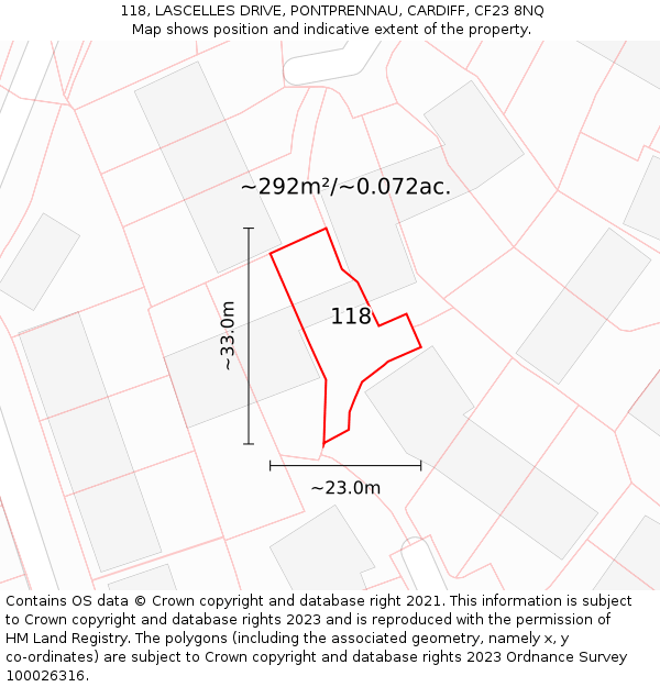 118, LASCELLES DRIVE, PONTPRENNAU, CARDIFF, CF23 8NQ: Plot and title map