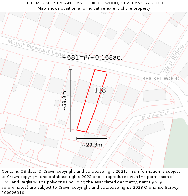 118, MOUNT PLEASANT LANE, BRICKET WOOD, ST ALBANS, AL2 3XD: Plot and title map