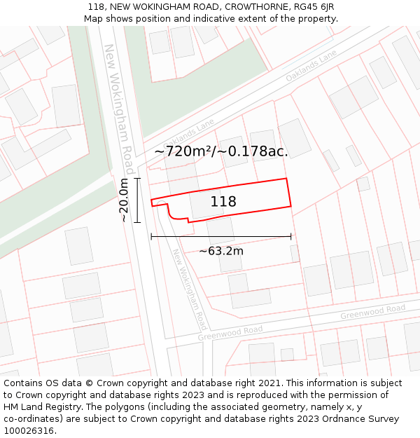 118, NEW WOKINGHAM ROAD, CROWTHORNE, RG45 6JR: Plot and title map