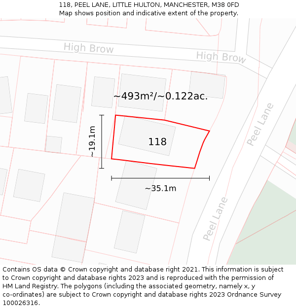 118, PEEL LANE, LITTLE HULTON, MANCHESTER, M38 0FD: Plot and title map