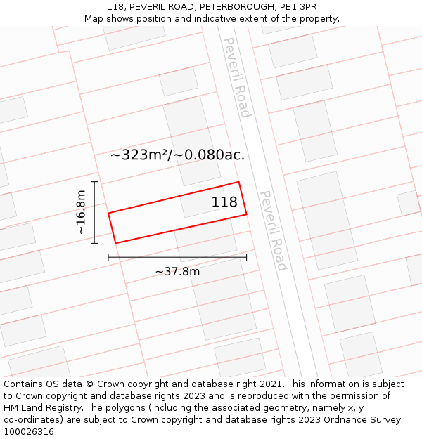 118, PEVERIL ROAD, PETERBOROUGH, PE1 3PR: Plot and title map