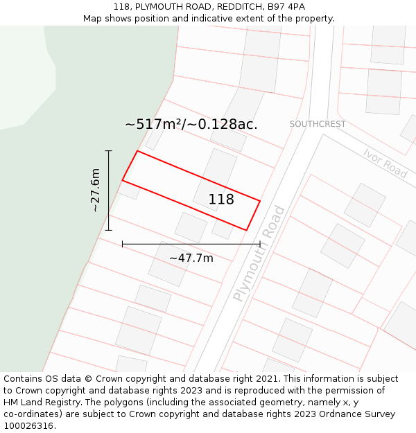 118, PLYMOUTH ROAD, REDDITCH, B97 4PA: Plot and title map