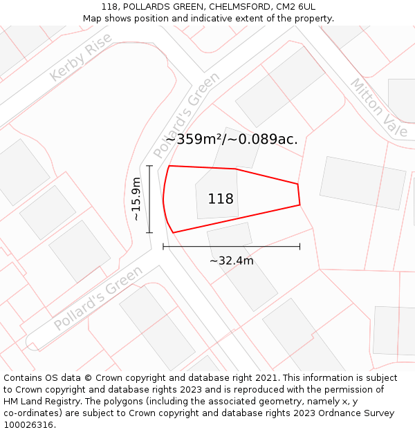 118, POLLARDS GREEN, CHELMSFORD, CM2 6UL: Plot and title map