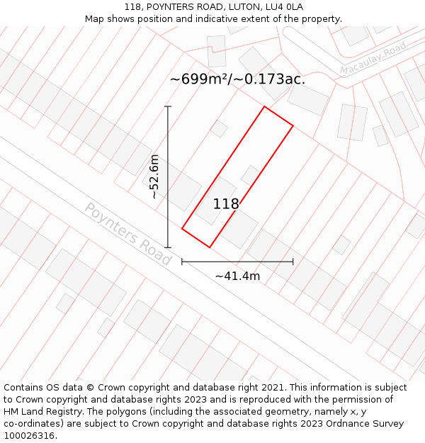 118, POYNTERS ROAD, LUTON, LU4 0LA: Plot and title map