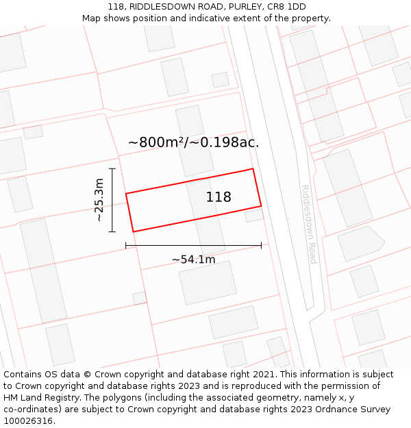 118, RIDDLESDOWN ROAD, PURLEY, CR8 1DD: Plot and title map