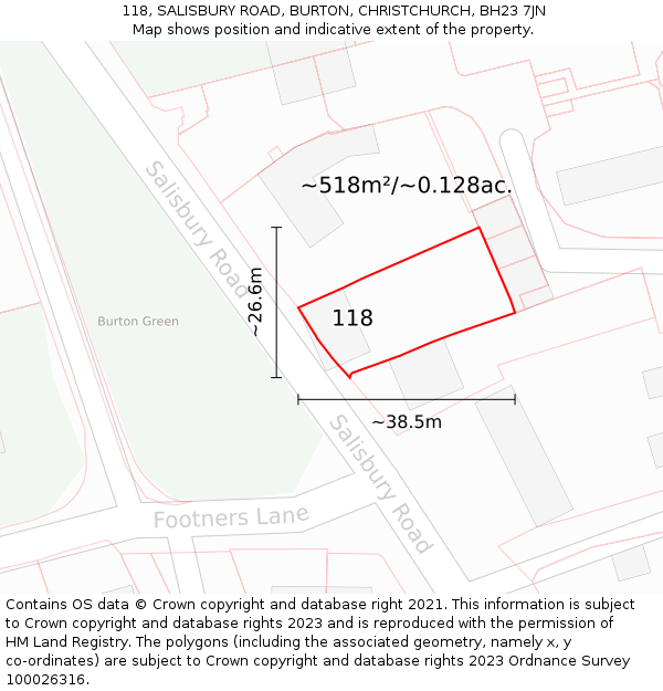 118, SALISBURY ROAD, BURTON, CHRISTCHURCH, BH23 7JN: Plot and title map